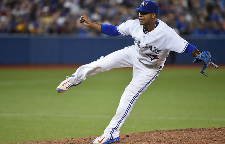 Toronto Blue Jays starting pitcher Marcus Stroman works against the Boston Red Sox during sixth inning AL baseball action in Toronto on Friday, September 18, 2015. 
