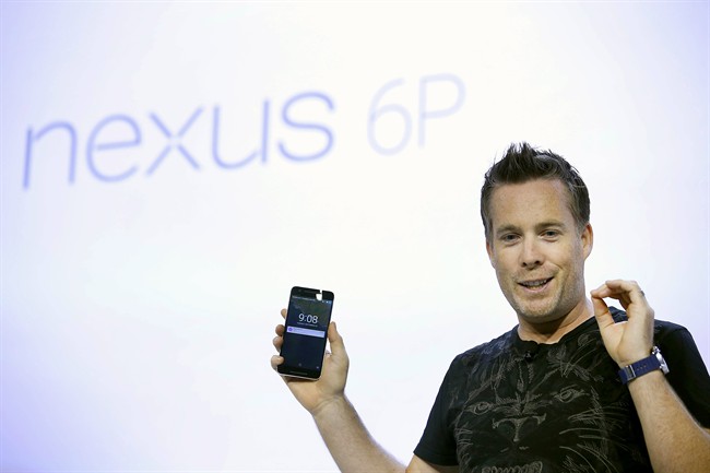 Dave Burke, vice president of engineering at Google, speaks about the new Google Nexus 6P during an event on Tuesday, Sept. 29, 2015, in San Francisco. Google is countering the release of Apple’s latest iPhones with two devices running on "Marshmallow," a new version of Android software designed to steer and document even more of its users’ lives.