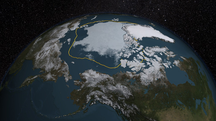 Arctic sea ice on September 11, 2015, when the ice reached its annual minimum. The gold line marks the 36-year average minimum sea ice extent computed over the time period from 1979 (when the satellite record began) through 2014.
