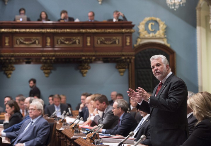 Quebec Premier Philippe Couillard speaks during question period as the legislature resumes for its fall session, Tuesday, September 15, 2015 in Quebec City.