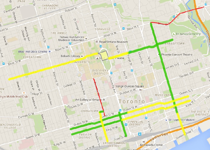 A map of the extended bike lanes on Richmond and Adelaide.