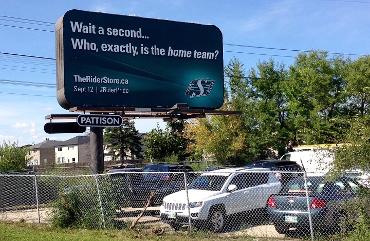 The Saskatchewan Roughriders have put up a billboard near the corner of Pembina Highway and Bison Drive.