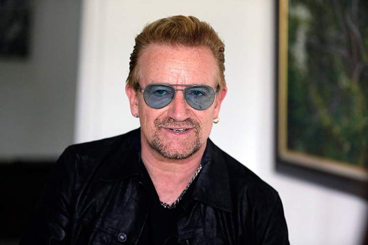 Bono speaks during an interview in Lagos, Nigeria Friday, Aug. 28, 2015. 