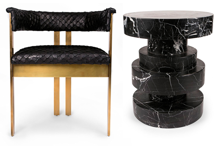 This split image shows the Elliott chair on the left and the Apollo stool on the right. Brutalist décor is one of the most interesting new directions in furniture and accessories.