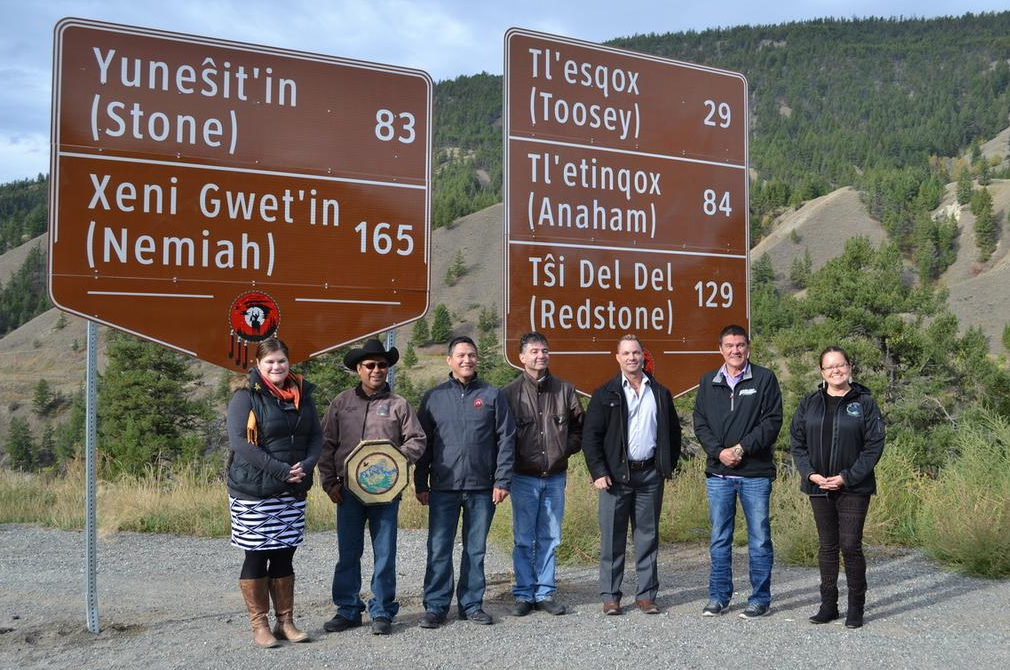One of the new distance signs installed on Highway 20 which shows the names of each Tsilhqot’in community and distance in kilometres.
