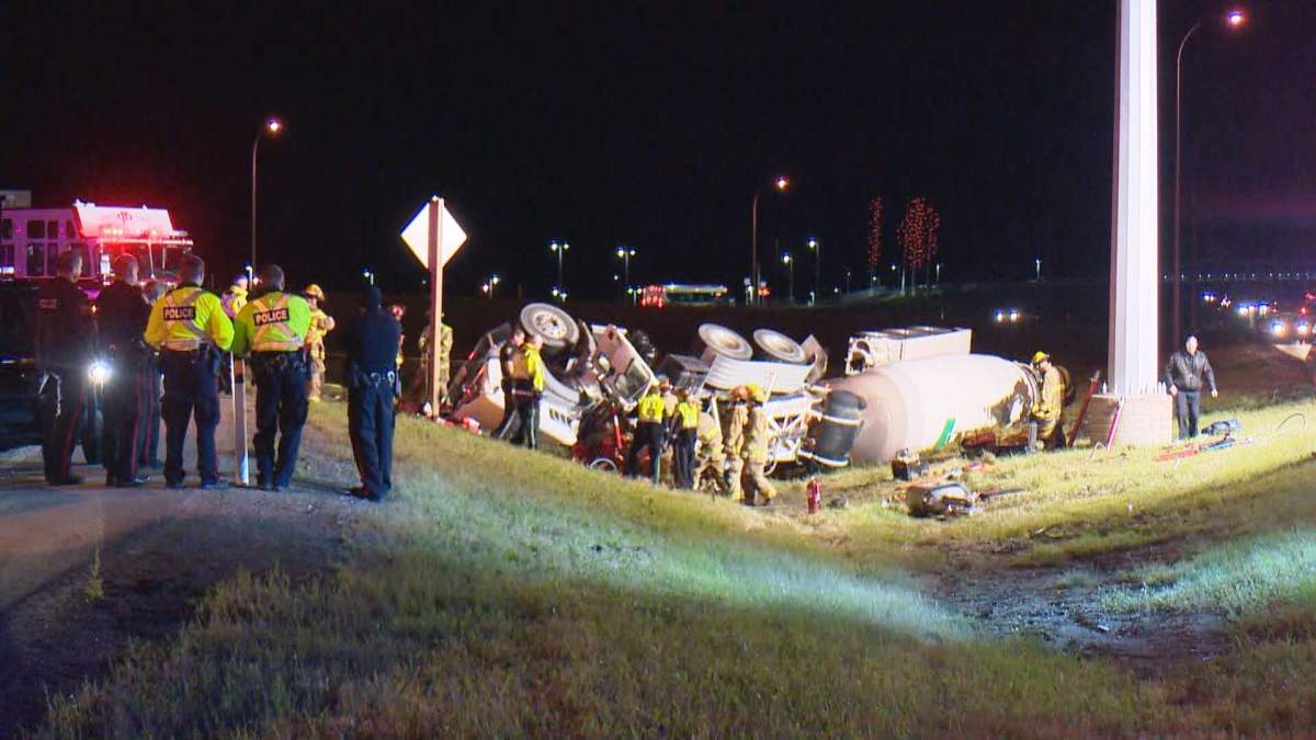 Driver seriously injured in concrete truck rollover along Stoney Trail ...