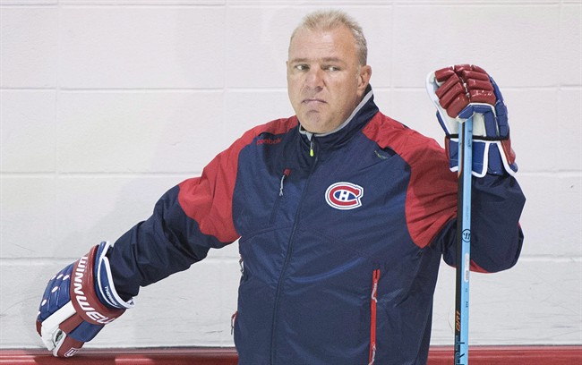 Montreal Canadiens head coach Michel Therrien looks on during training camp in Brossard, Que., on Sept. 18, 2015.