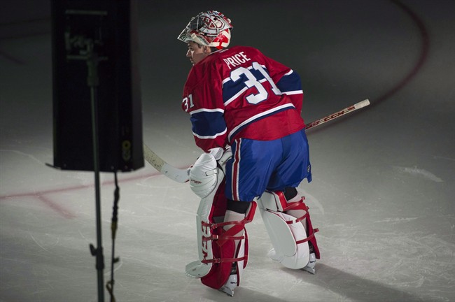 Montreal Canadiens goaltender Carey Price poses during a video session on the first day of training camp .