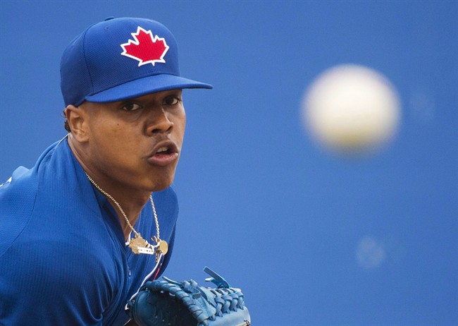 Toronto Blue Jays starting pitcher Marcus Stroman pitches a bullpen session during baseball spring training in Dunedin, Fla., on Thursday, February 26, 2015. Stroman is set to make his accelerated return from knee surgery on Saturday against the New York Yankees.