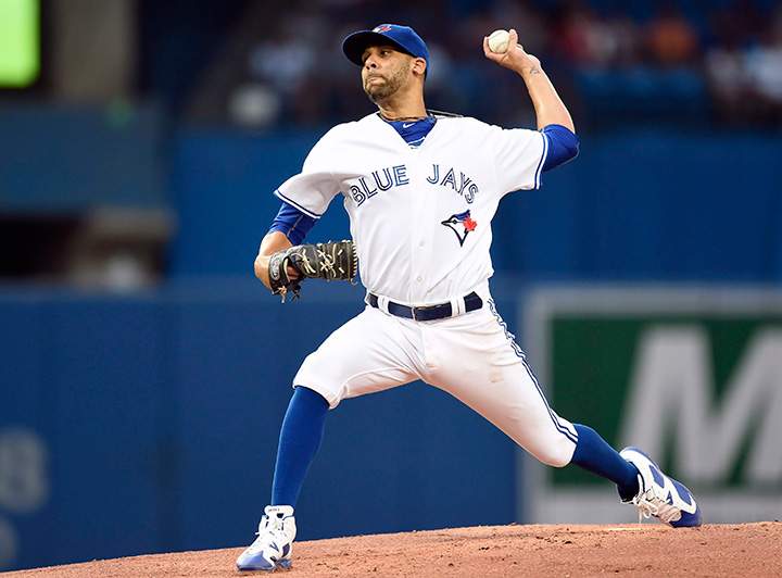 Toronto Blue Jays’ starting pitcher David Price works against the Cleveland Indians during the first inning of American League baseball action in Toronto on Monday, August 31, 2015.