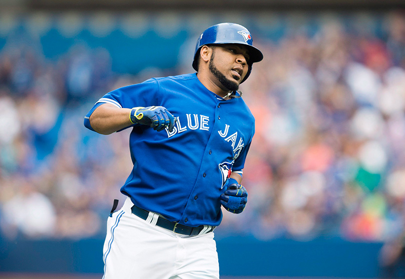 Toronto Blue Jays' Edwin Encarnacion rounds the bases following a three-run home run during first inning MLB baseball action against the Detroit Tigers in Toronto on Saturday, August 29, 2015.