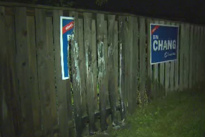 Several federal election campaign signs were reportedly set on fire in east-end Toronto on Sept. 24, 2015.