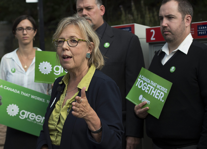 Green Party Leader Elizabeth May stands with local candidates as she makes a campaign stop in Halifax to show support for postal workers and Canada Post, on Tuesday, September 1, 2015.
