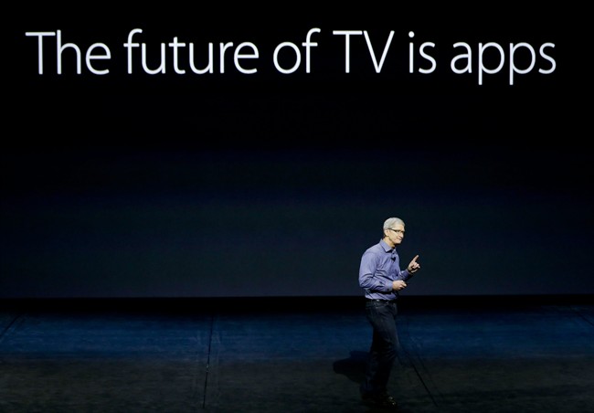 Apple CEO Tim Cook discusses the Apple TV product at the Apple event in the Bill Graham Civic Auditorium in San Francisco, Wednesday, Sept. 9, 2015. 