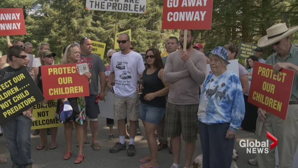 A rally held last month outside the home of James Conway, a convicted sex offender who moved to Abbotsford this summer. 