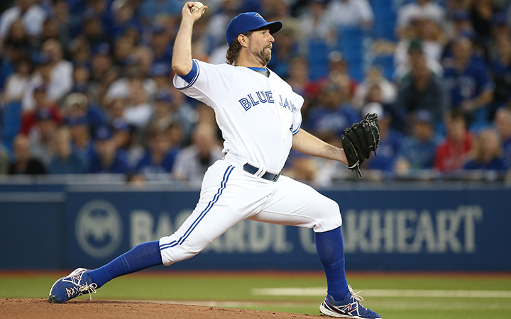 R.A. Dickey of the Toronto Blue Jays delivers a pitch in the first inning during MLB game action against the Tampa Bay Rays on September 25, 2015 at Rogers Centre in Toronto, Ontario, Canada.