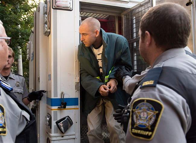 William Sandeson, charged with first-degree murder in the death of fellow Dalhousie University student Taylor Samson, arrives at Nova Scotia provincial court in Halifax on Wednesday, September 2, 2015. Sandeson is a varsity track athlete who was about to start classes at Dalhousie's medical school. THE CANADIAN PRESS/Andrew Vaughan.