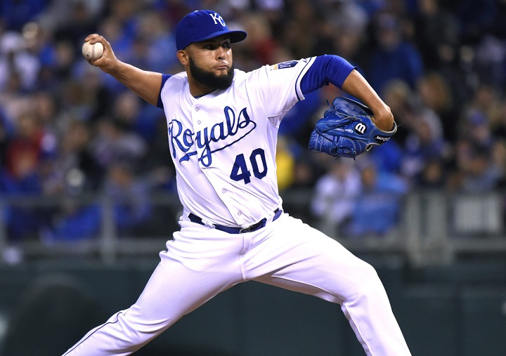 Kansas City Royals' Kelvin Herrera throws in the eighth inning against the Cincinnati Reds during a baseball game Tuesday, May 19, 2015, in Kansas City, Mo. 