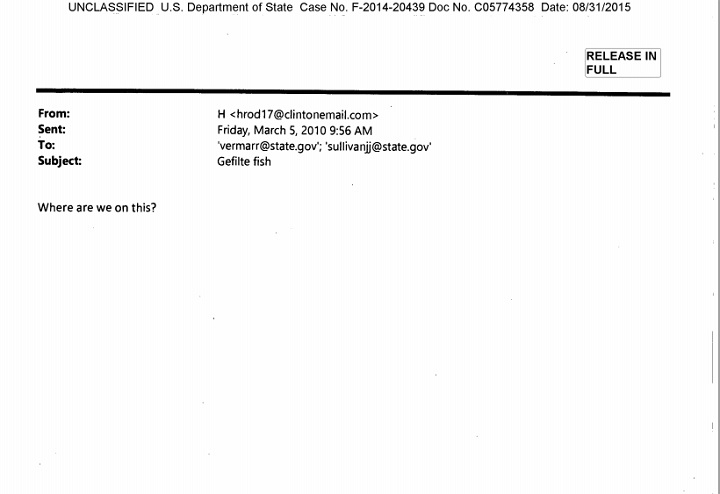 Clinton wanted update on gefilte fish and other things from now-public emails - image