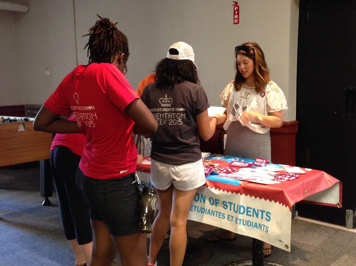 Michaela Sam speaks to new students about consent.