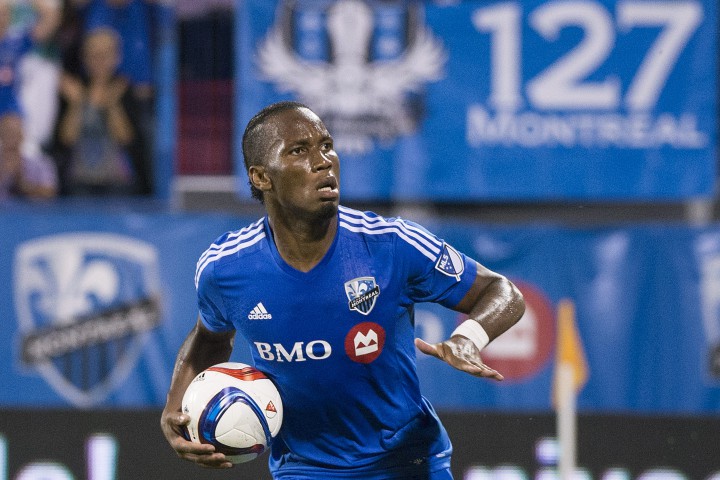 Montreal Impact's Didier Drogba celebrates after scoring against the Chicago Fire during second half MLS soccer action in Montreal, Saturday, Sepetember 5, 2015.