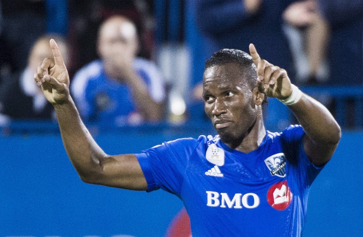 Montreal Impact's Didier Drogba celebrates after scoring against Chicago Fire during first half MLS soccer action in Montreal, Wednesday, Sepetember 23, 2015.