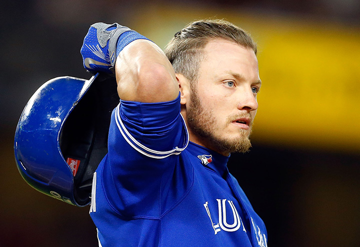 Josh Donaldson reacts after grounding out to end the seventh inning against the New York Yankees with the bases loaded at Yankee Stadium on August 7, 2015 in the Bronx borough of New York City. 