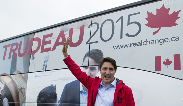 Liberal leader Justin Trudeau waves to the crowd as he prepares to leave Neguac Wharf in Neguac, N.B. Tuesday, Sept, 8, 2015.   