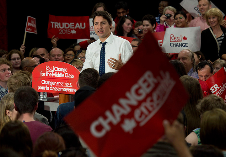 Liberal Leader Justin Trudeau speaks to supporters during a campaign rally in St. John's, Sunday, September 20, 2015. 