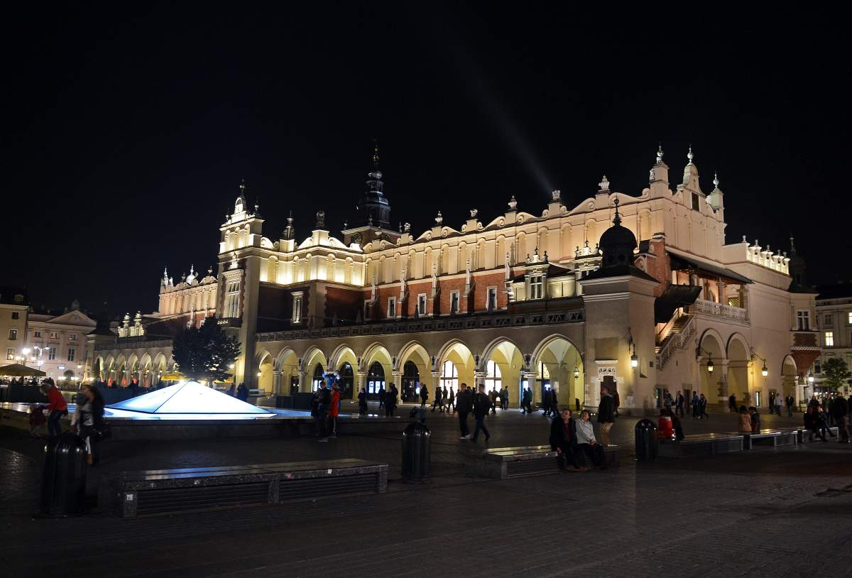 Night view of Market square in Krakow, October 2013.