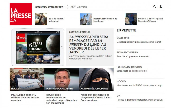 A screenshot of La Presse's homepage on Wednesday, September 16, 2015.