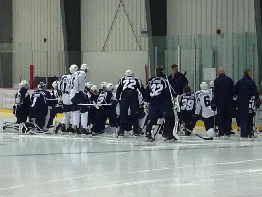 Players gather on the ice at the MTS Iceplex as they compete for a place on the Manitoba Moose.