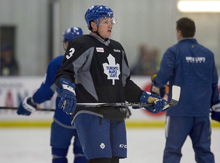 Toronto Maple Leafs' captain Dion Phaneuf attends training camp at the BMO Centre in Halifax, N.S., on Friday, Sept. 18, 2015. 