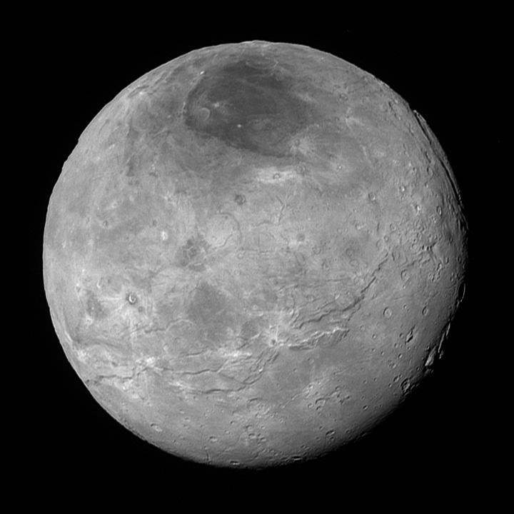 This image of Pluto’s largest moon Charon, taken by NASA’s New Horizons spacecraft 10 hours before its closest approach to Pluto on July 14, 2015 from a distance of 470,000 kilometers, is a recently downlinked, much higher-quality version of a Charon image released on July 15.