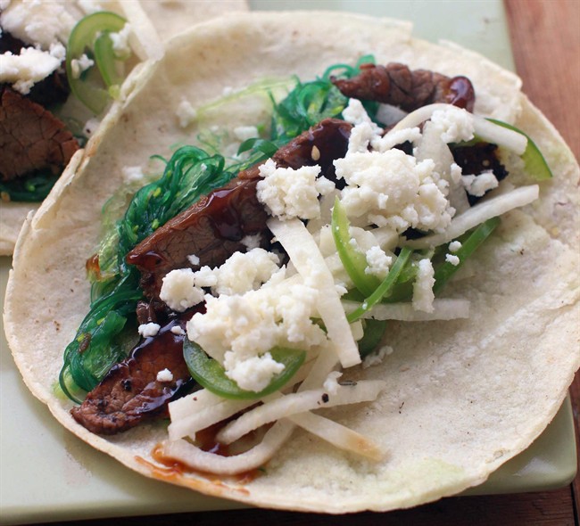 Packaged seaweed salad makes a perfect base for beefy tacos