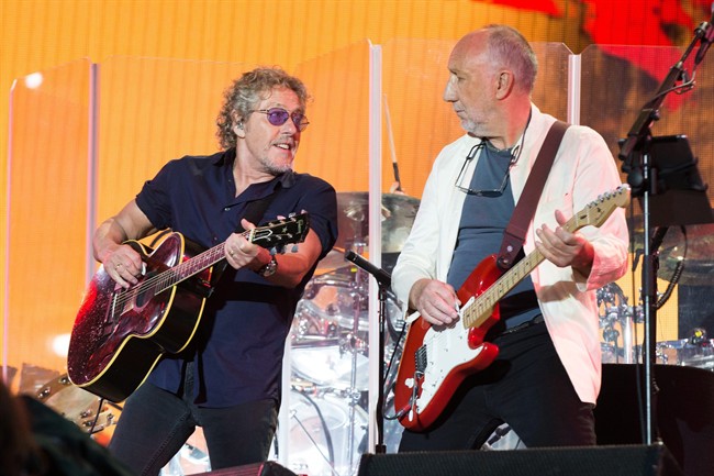 Singer Roger Daltrey and Pete Townshend of the band The Who perform at the Glastonbury music festival at Worthy Farm, Glastonbury, England in 2015.