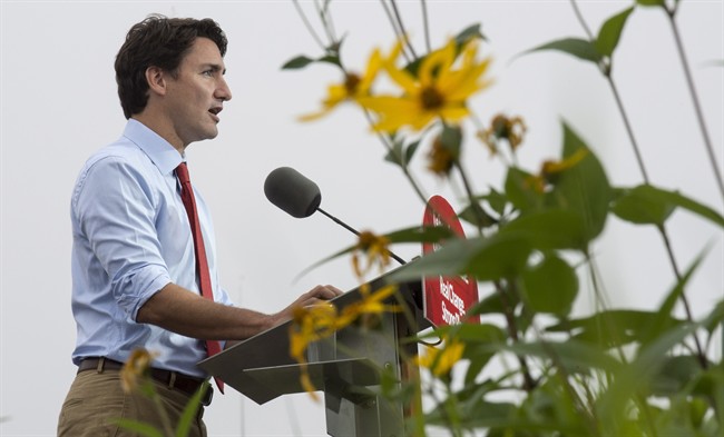 Liberal Leader Justin Trudeau delivers remarks in a park, Wednesday, September 2, 2015 in Trois-Rivieres, Que.