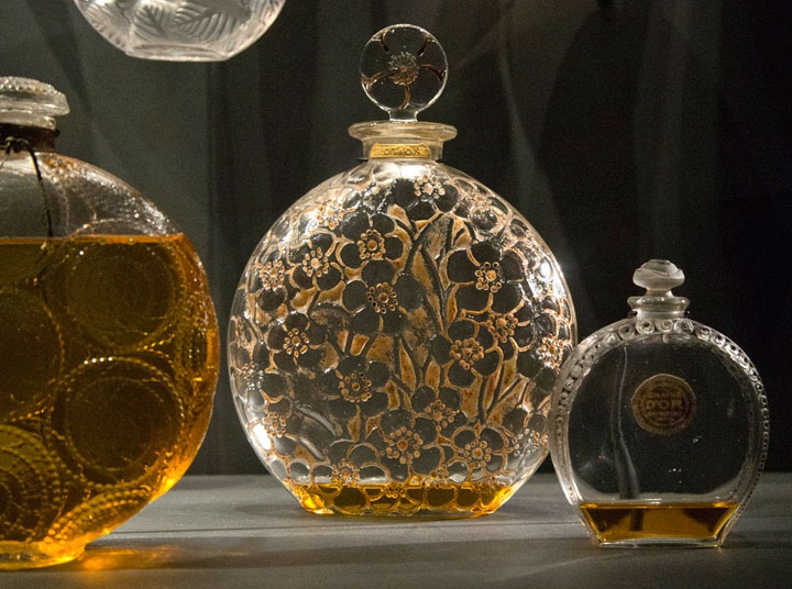 A "Clamart" perfume bottle designed by Rene Lalique in 1926, is displayed at the Fragonard perfume museum in Paris, France, Friday, Sept. 11, 2015. A sprawling building, once home to a lewd Parisian theater and later a chic velodrome until the 1890s, was renovated for two years to showcase the unique history and techniques behind the creation of perfume.