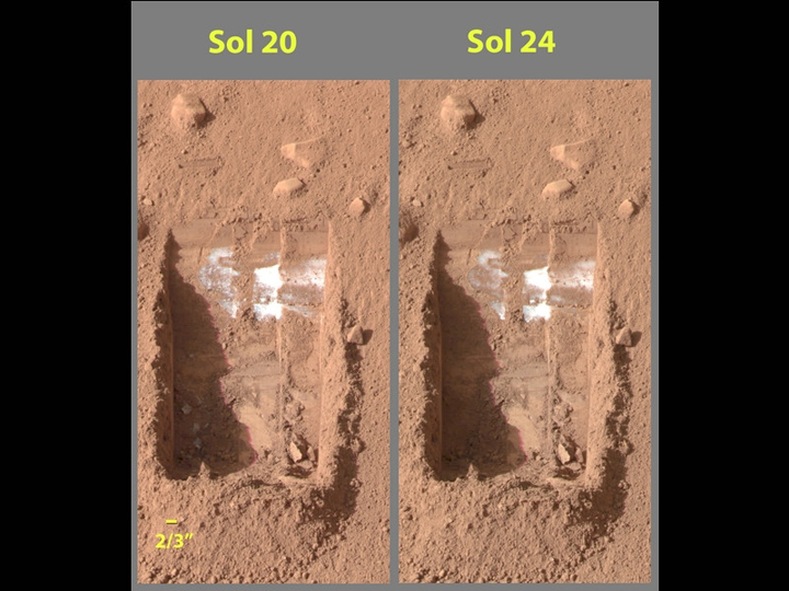 Frozen water, seen here was uncovered by NASA’s Phoenix lander in 2008. Phoenix was at a latitude of about 70 degrees north.