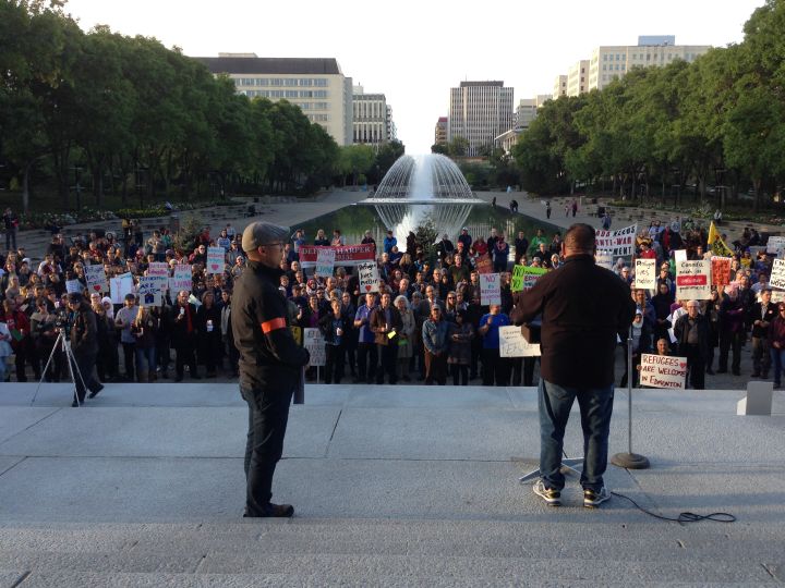 Edmontonians rally on the steps of the Alberta Legislature Tuesday, Sept. 8, 2015 in support of Syrian refugees.