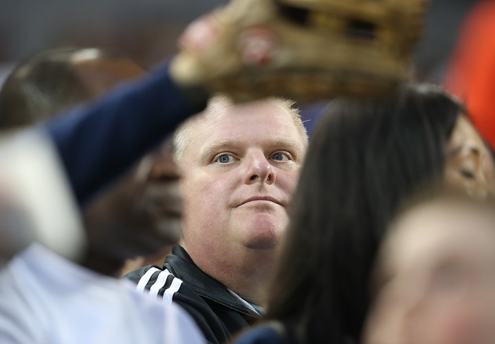 Former Toronto mayor Rob Ford watches the Toronto Blue Jays  game against the Tampa Bay Rays on July 17, 2015 at Rogers Centre in Toronto.