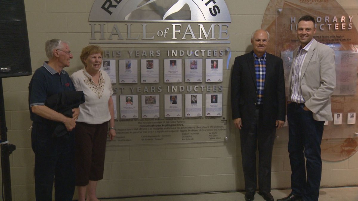 Four of the six inductees into the Regina Sports Hall of Fame. From left to right: John Hoffman, Marlene Hoffman, Larry Wright, and Tyler Wright.  