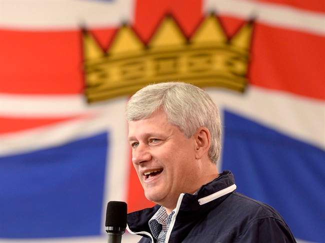 Prime Minister Stephen Harper delivers a speech during a campaign stop in Kamloops, B.C., Monday, Sept. 14, 2015. 