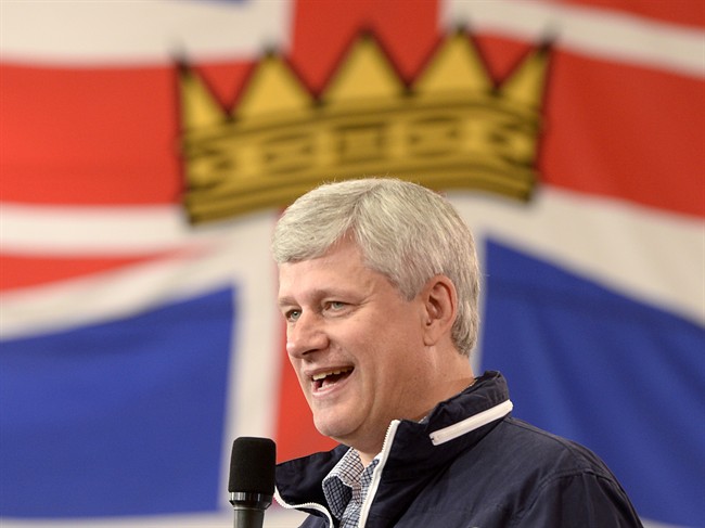 Prime Minister Stephen Harper delivers a speech during a campaign stop in Kamloops, B.C., Monday, Sept. 14, 2015. 