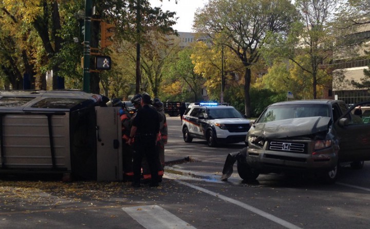 A truck flipped over to its side by 4th Avenue North and 24th Street East just before 12 p.m. Thursday.