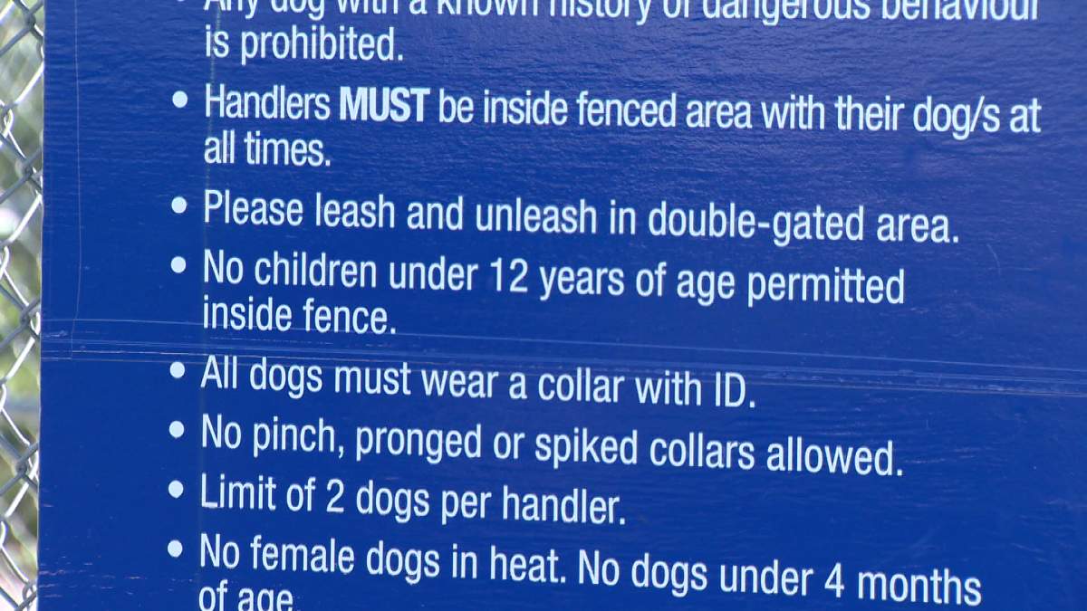 The dog park rules sign posted outside Cityview Dog Park