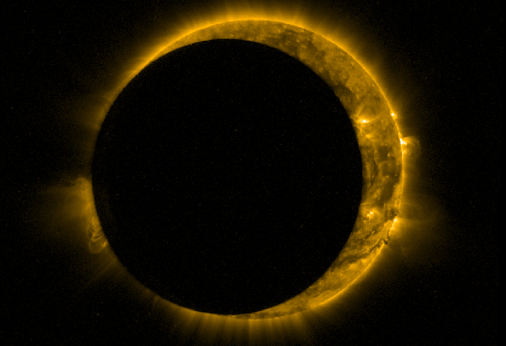 The moon passes between the sun and ESA’s Proba-2 satellite.