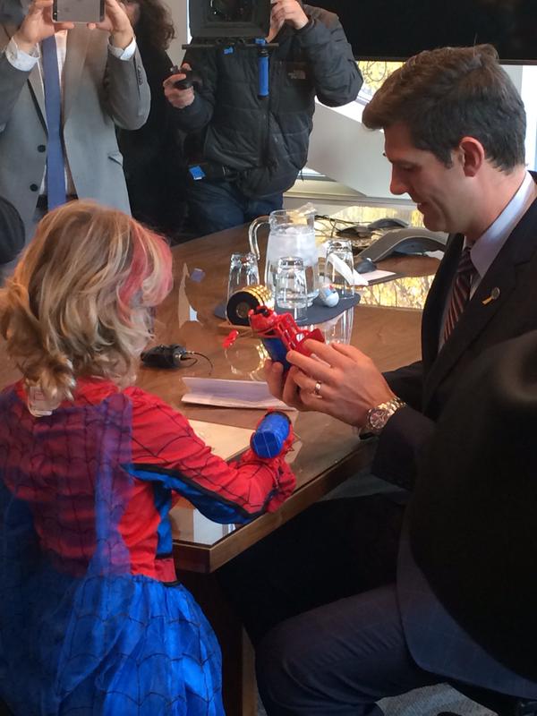 SpiderMable receives proclamation from Edmonton mayor to track down villain who kidnapped Oilers captain Andrew Ference, Monday, Sept. 28, 2015. 