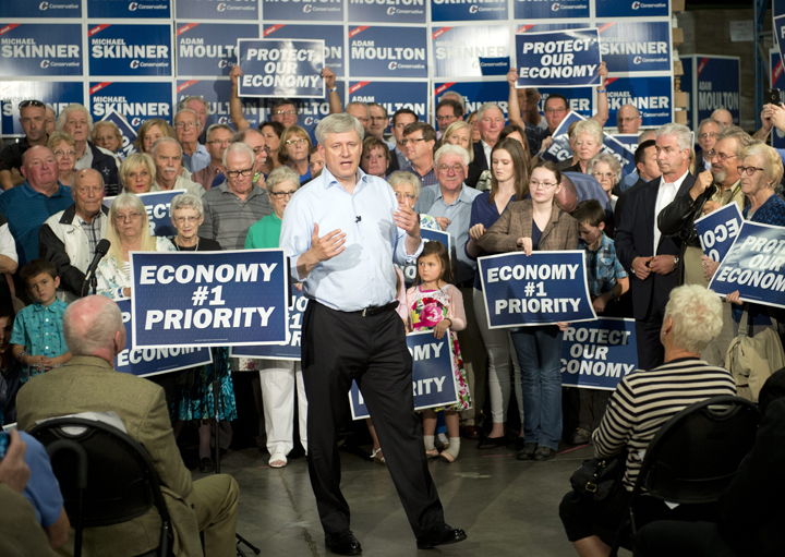 Conservative Leader Stephen Harper speaks to supporters at a rally on Monday, September 21, 2015 in Peterborough, Ontario. 