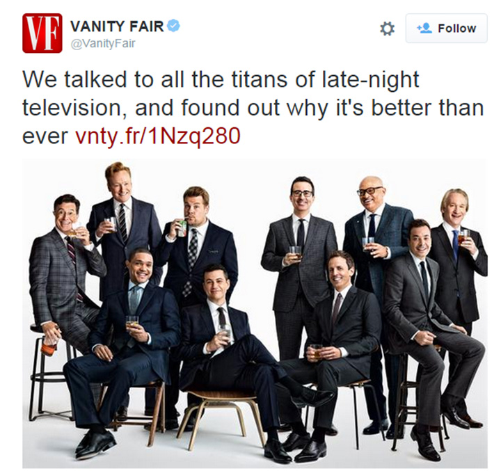 Entertainment magazine Vanity Fair was blasted on social media Monday for tweeting a “non-diverse” photo of late night television hosts.